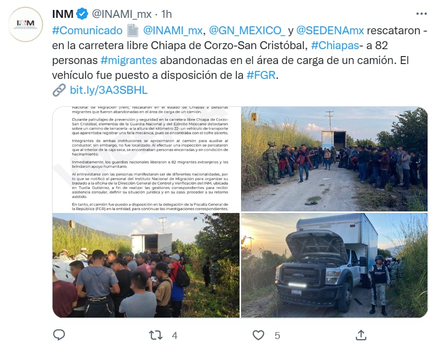 Abandonan inmigrantes camión Chiapas
