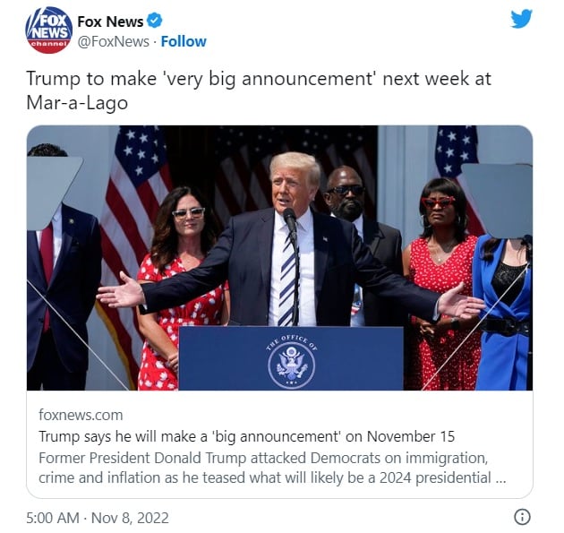 Donald Trump gran anuncio 15 de noviembre