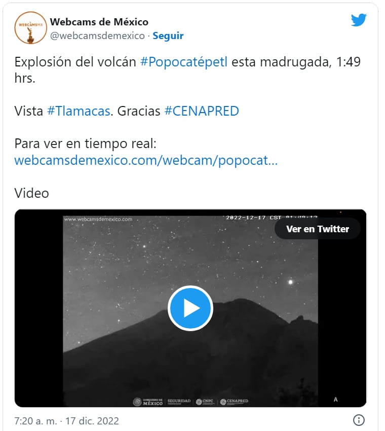 Explosión volcán Popocatépetl México