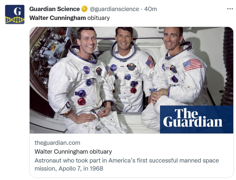 Muere astronauta Walter Cunningham