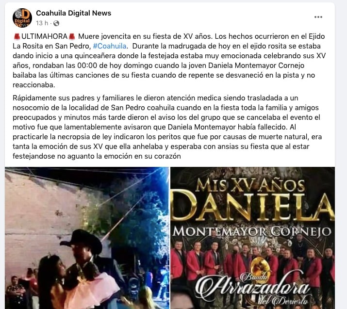 De qué murió quinceañera