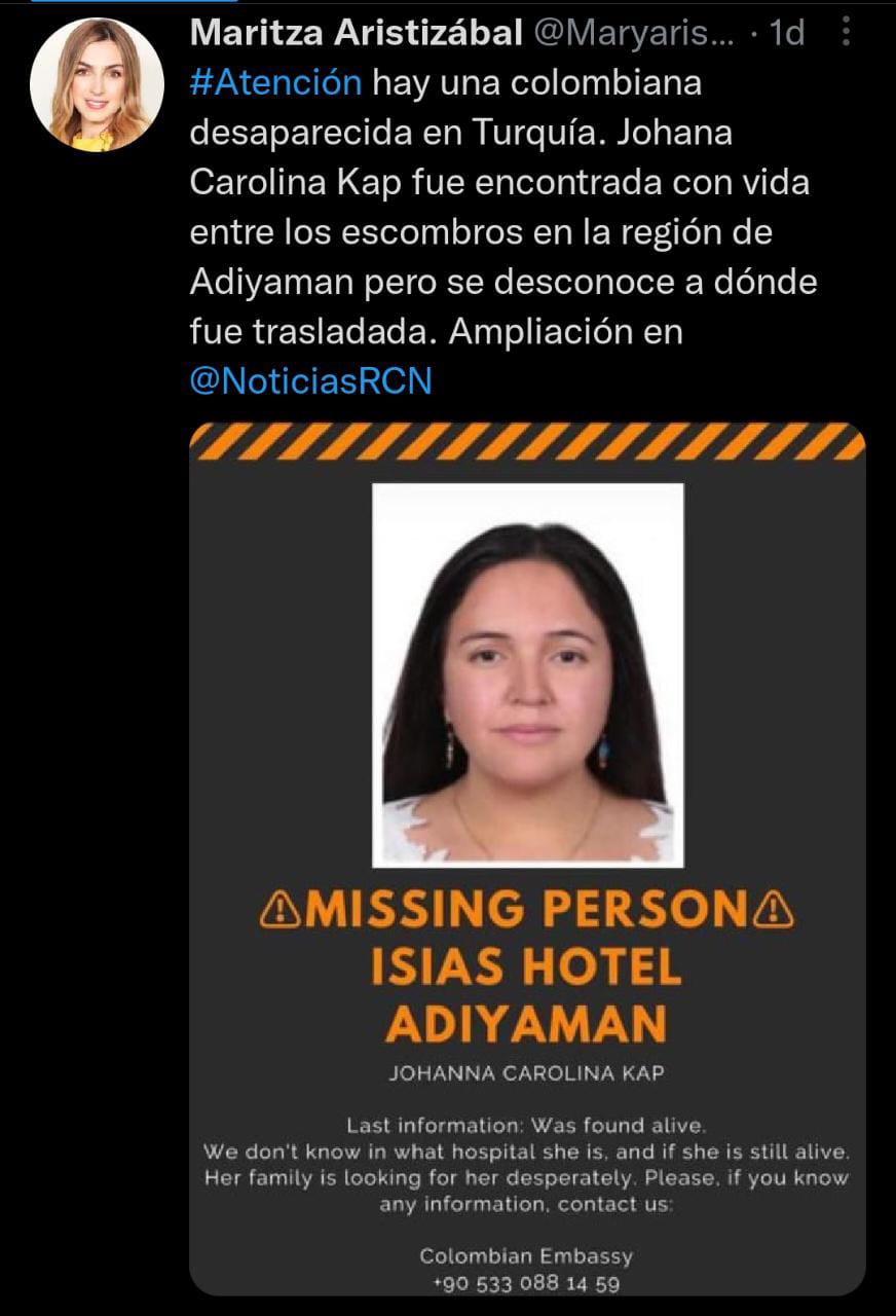 Después de búsquedas, la colombiana fue encontrada muerta a causa del sismo en Turquía