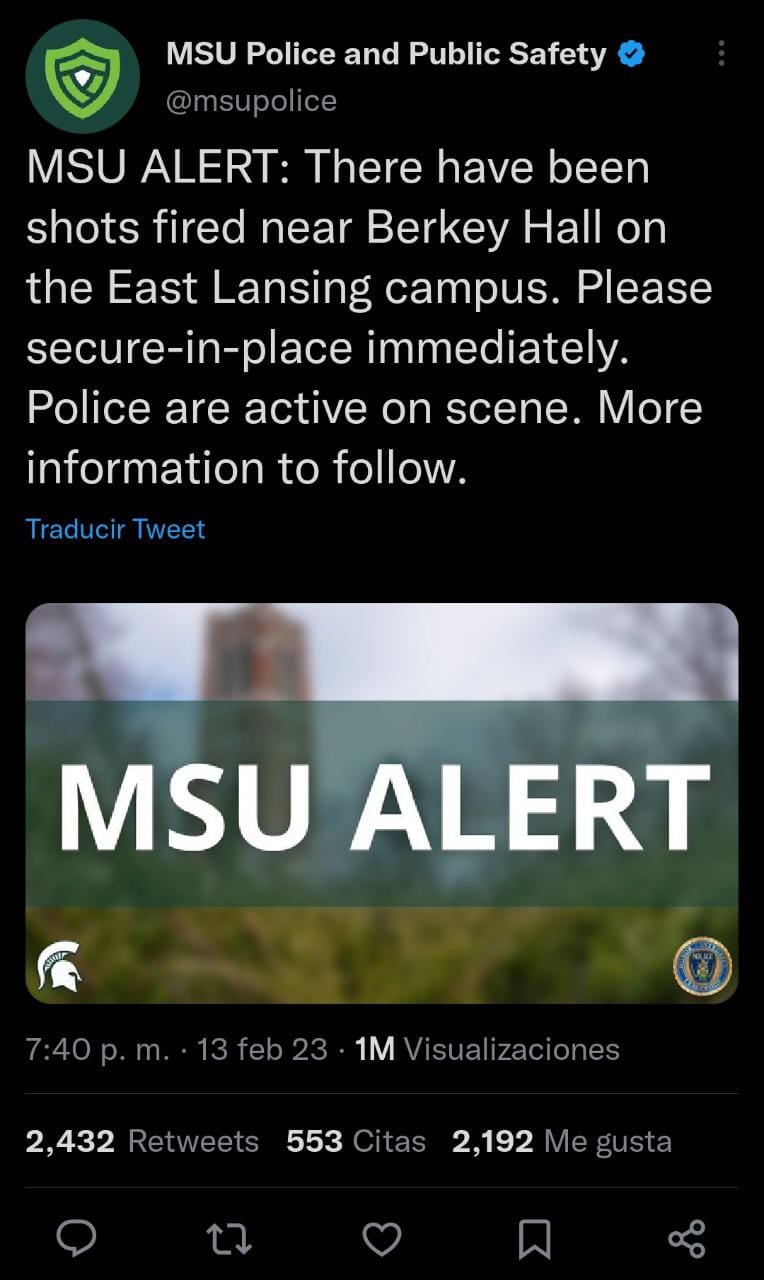 Reportan disparos en Michigan State University