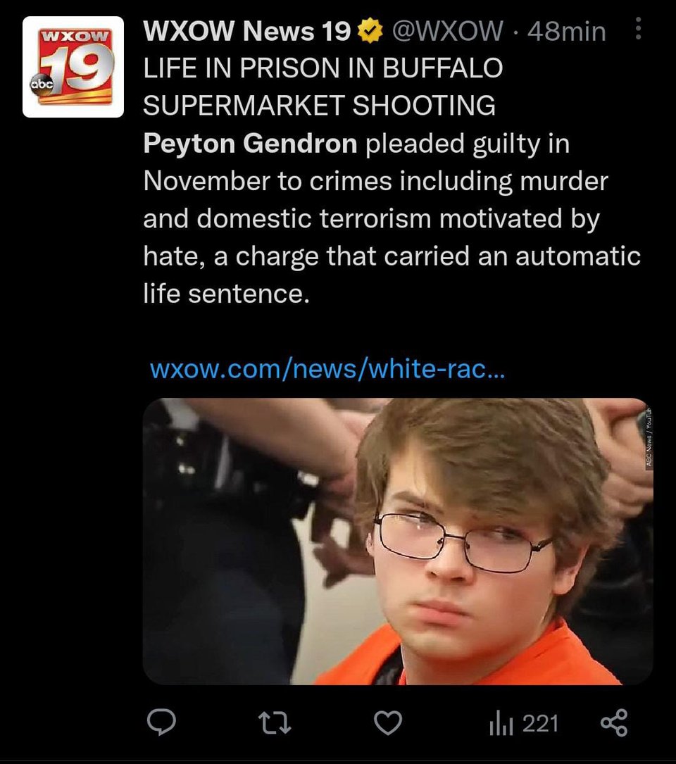 condenan a Peyton Gendron, supremacista blanco que acabo con la vida de 10 personas