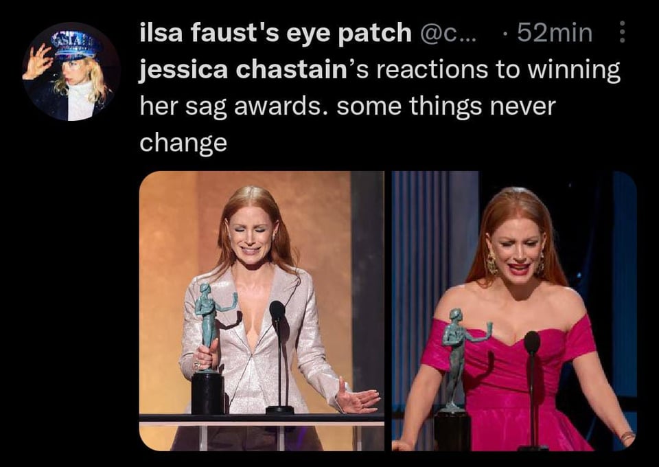 Jessica Chastain se cae al subir al escenario para recibir por segundo año consecutivo su premio