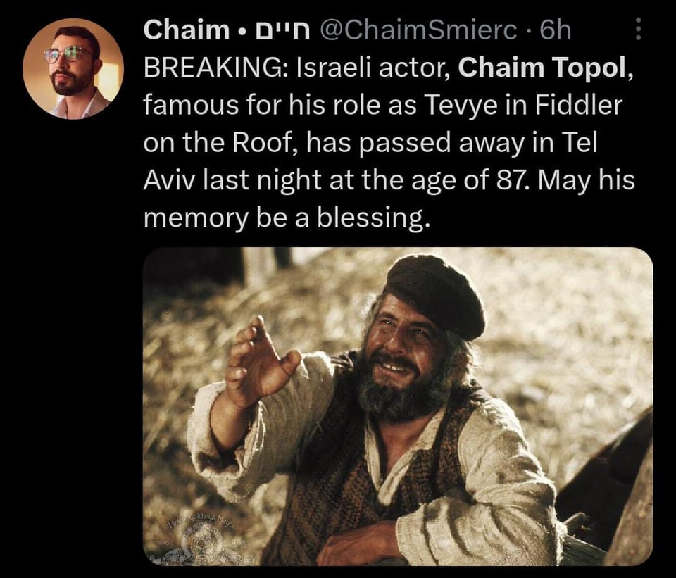 Muere a la edad de 87 años el actor nominado al Oscar Chaim Topol 