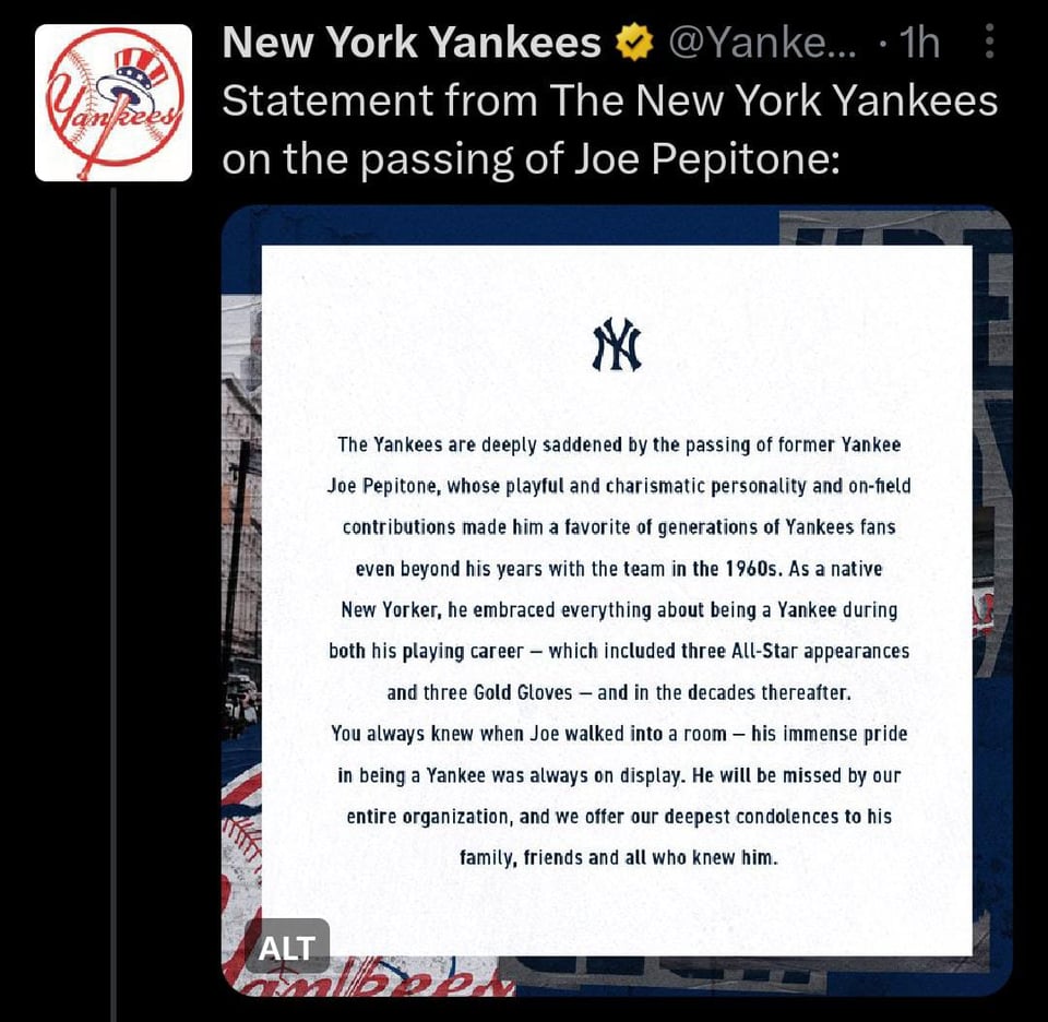 Muere Joe Pepitone y los Yankees confirman la muerte con comunicado