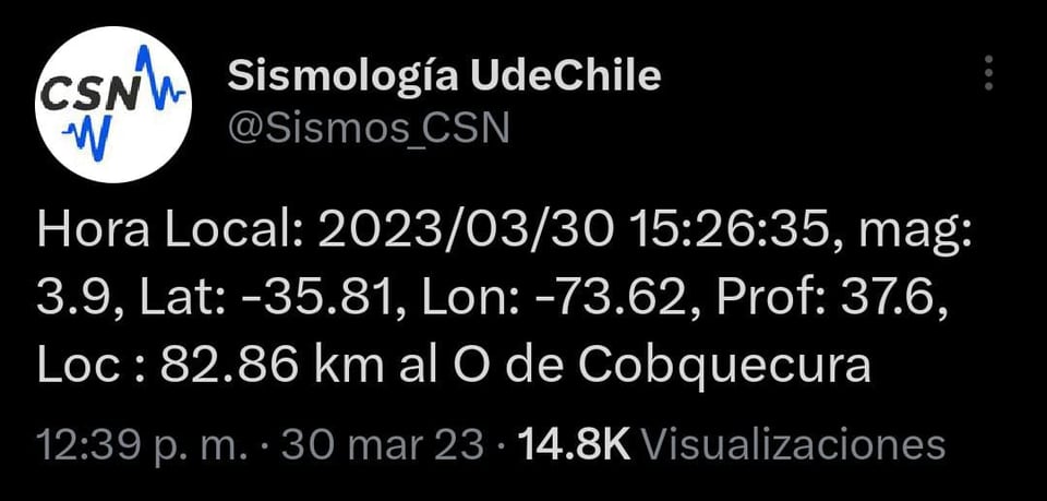 Reportan sismo que sacudió a Chile con magnitud 6.4 en plena tarde en la comuna de Cobquecura