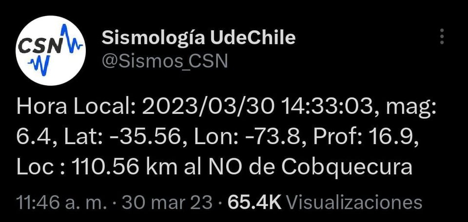 Reportan sismo que sacudió a Chile con magnitud 6.4 en plena tarde