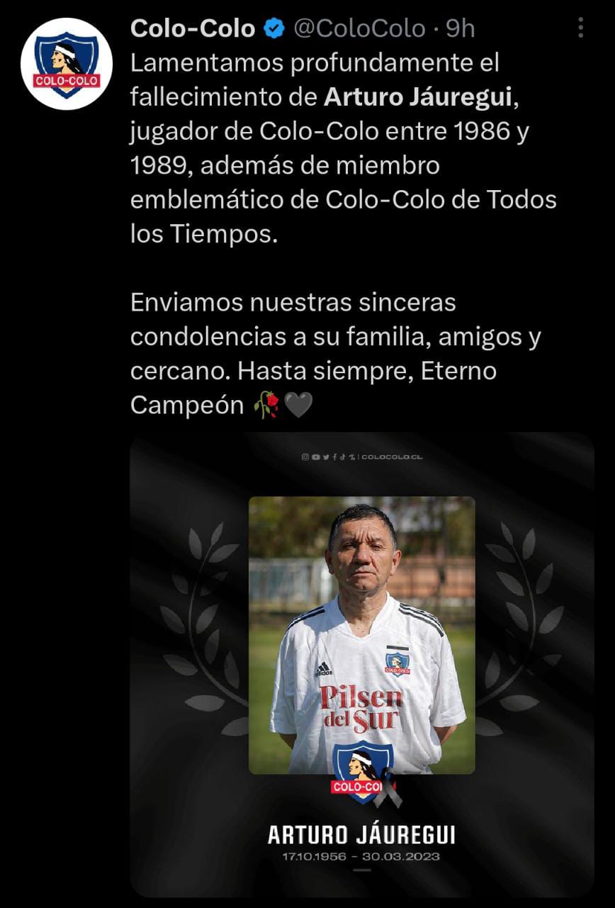 Tras su muerte el Colo Colo envía sus condolencias en redes sociales