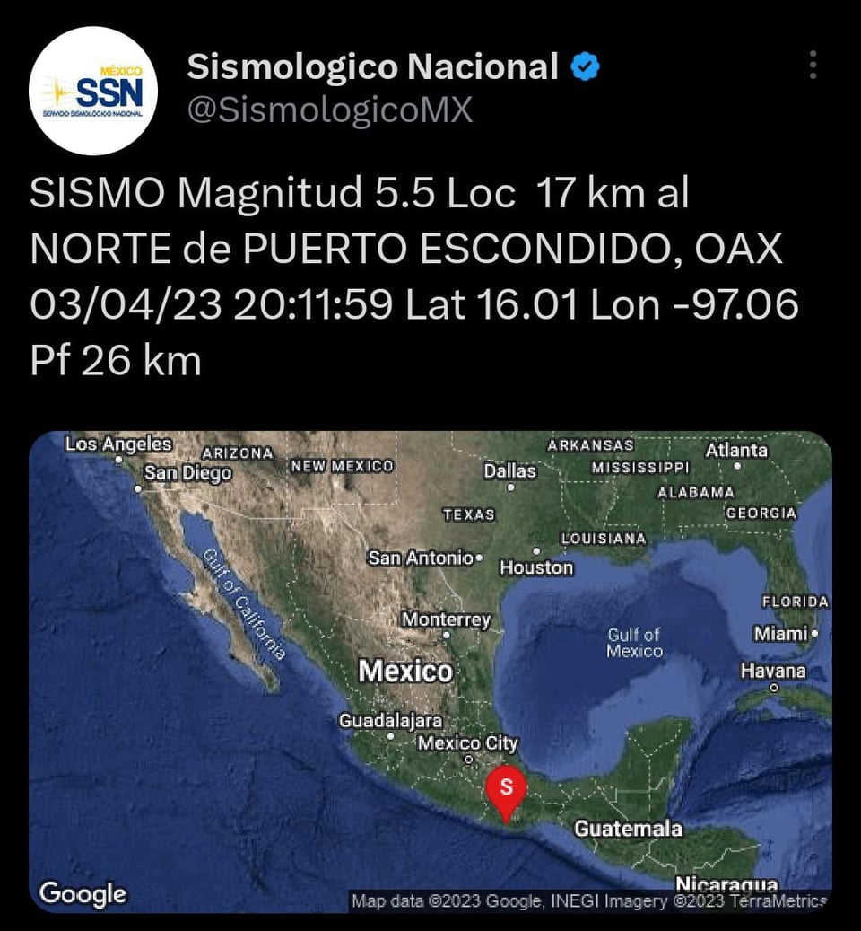 Reportan sismo que sacudió a México con magnitud de 5.5 en plena noche del lunes