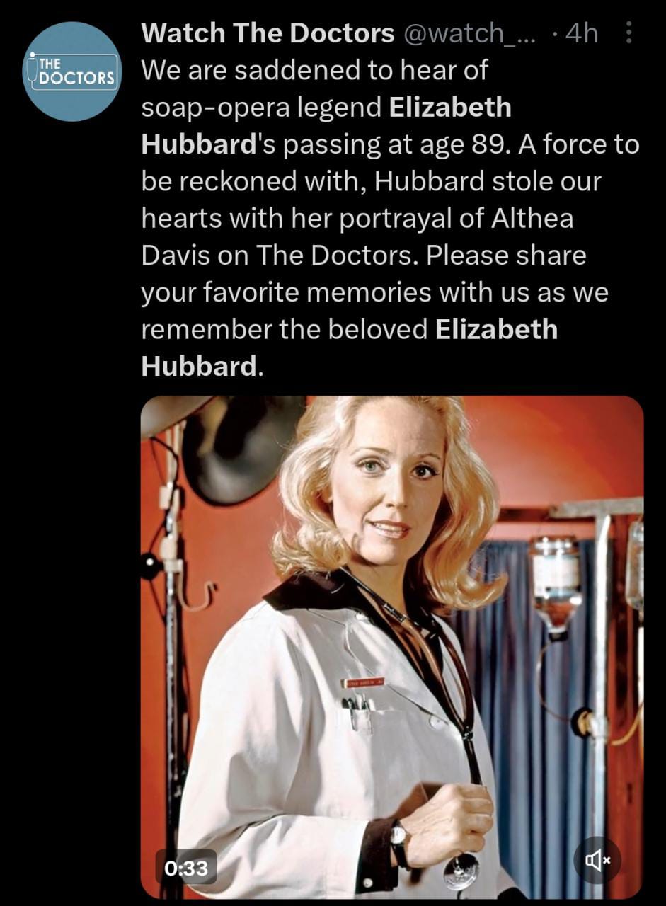 Muere la actriz Elizabeth Hubbard y su hijo lo confirma