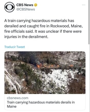 Tren con materiales peligrosos se descarrila en Rockwood, Maine