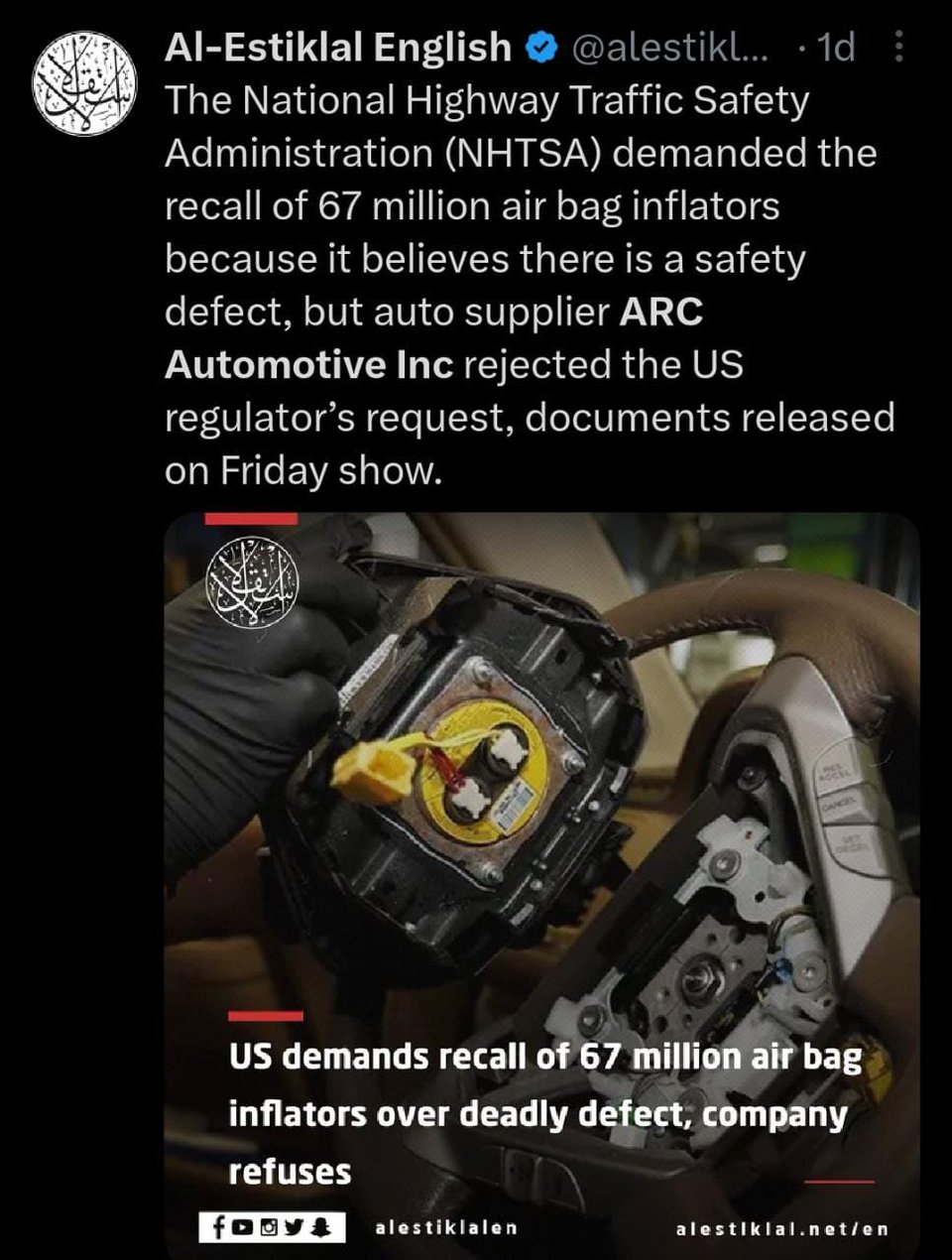 Compañía rechaza recall en EEUU de infladores de bolsas de aire