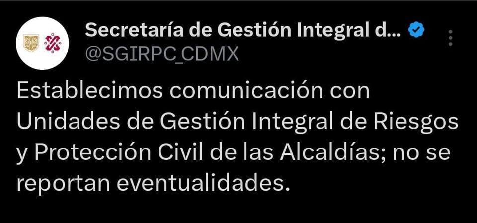 Señalan no tener informes de eventualidades