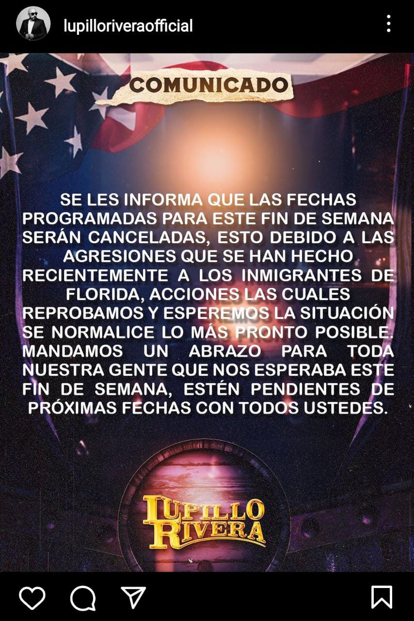 Lupillo Rivera muestra su apoyo a inmigrantes y cancela conciertos
