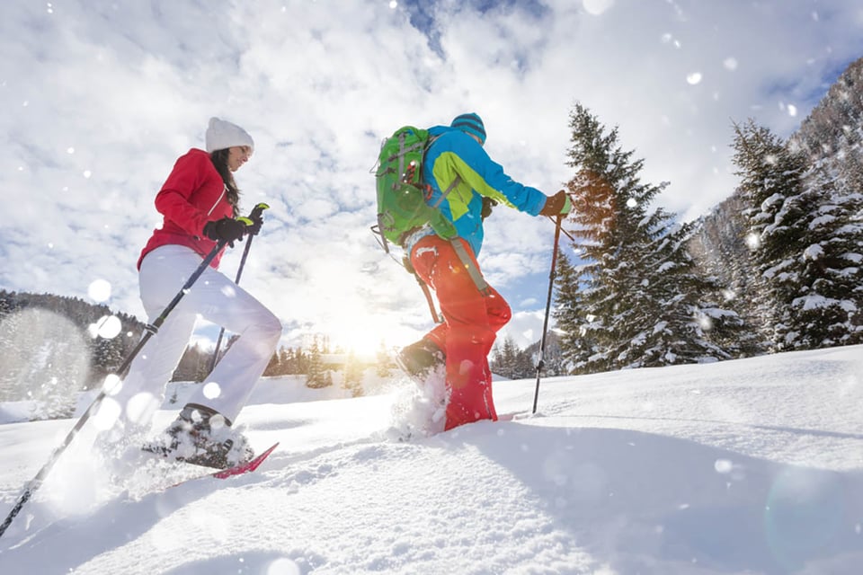 Raquetas de nieve, senderismo, bosques, nevados, deportes de invierno.