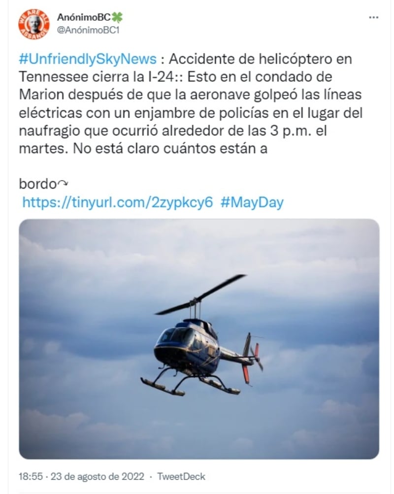 Helicóptero sufre accidente tras chocar con  líneas eléctricas