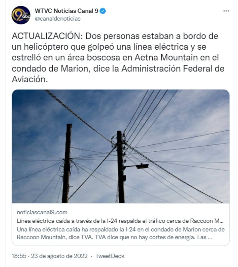 Helicóptero accidente líneas eléctricas: Buscan la aeronave