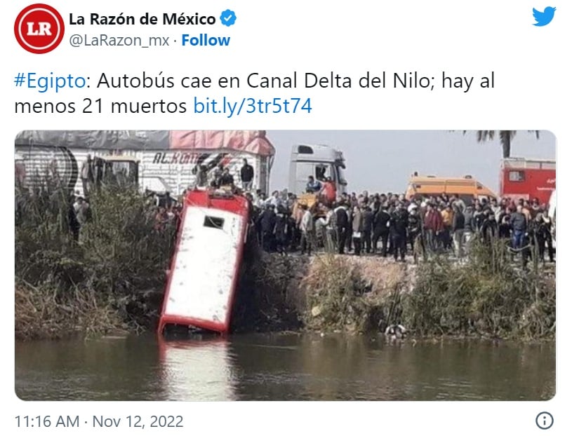 Al menos 21 muertos al caer autobús a un canal en Egipto