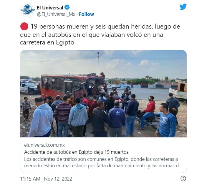 Al menos 21 muertos al caer autobús a un canal en Egipto