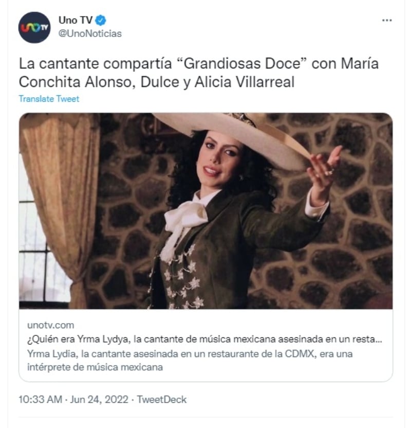 Alicia Villarreal de luto por la muerte de  Yrma Lydya