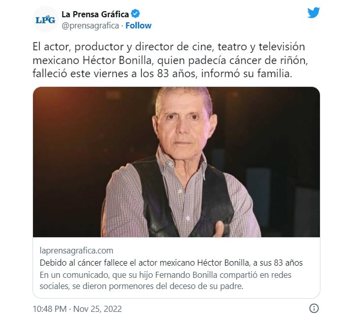 AMLO de luto por muerte del actor mexicano Héctor Bonilla