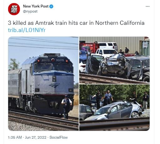 Tres muertos y dos heridos por choque entre tren y auto