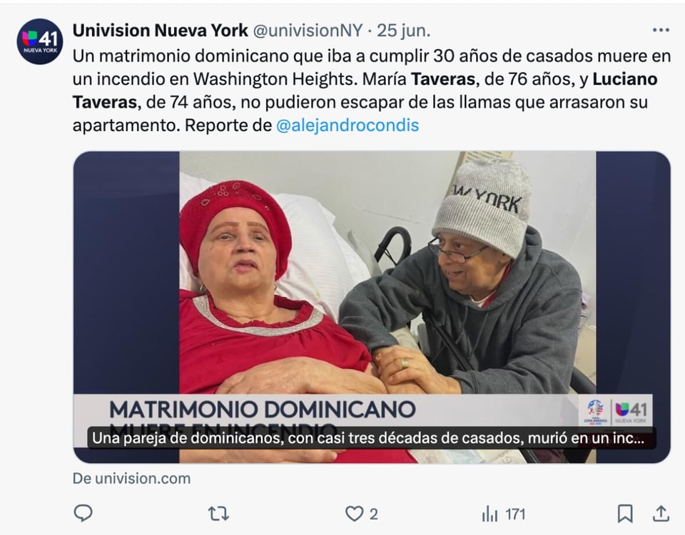 ancianos hispanos mueren incendio, Luciano Taveras, María Taveras, Nueva York, MundoNOW