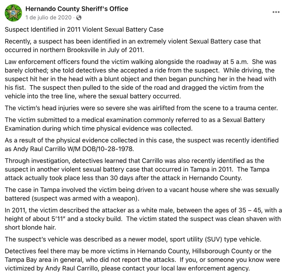 press release, suspect identified, conviction for sexual abuse and aggravated assault, Florida, MundoNOW