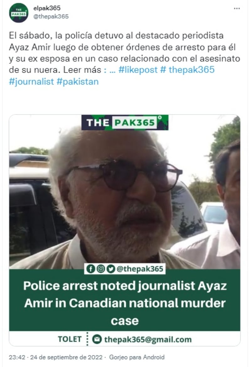 Arrestan periodista Ayaz Amir: Acusado de matar a su nuera