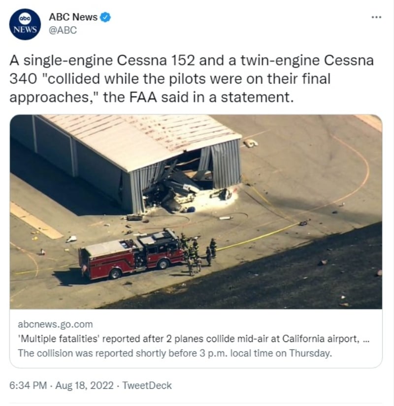 Aviones chocan en pleno aeropuerto de California