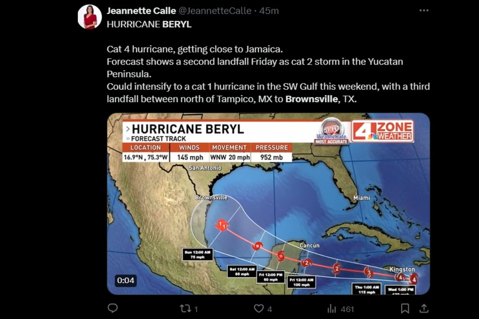 Huracán Beryl, trayectoria, EEUU, categoría, MundoNOW