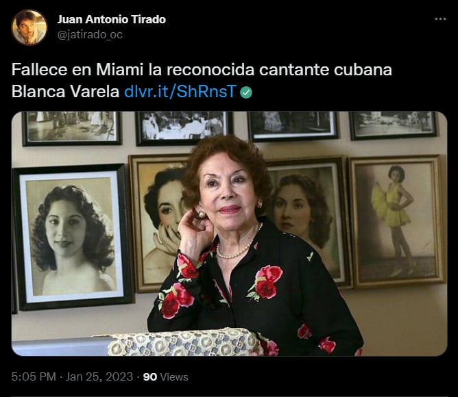 Blanca Varela, cantante cubana fallece a los 95 años