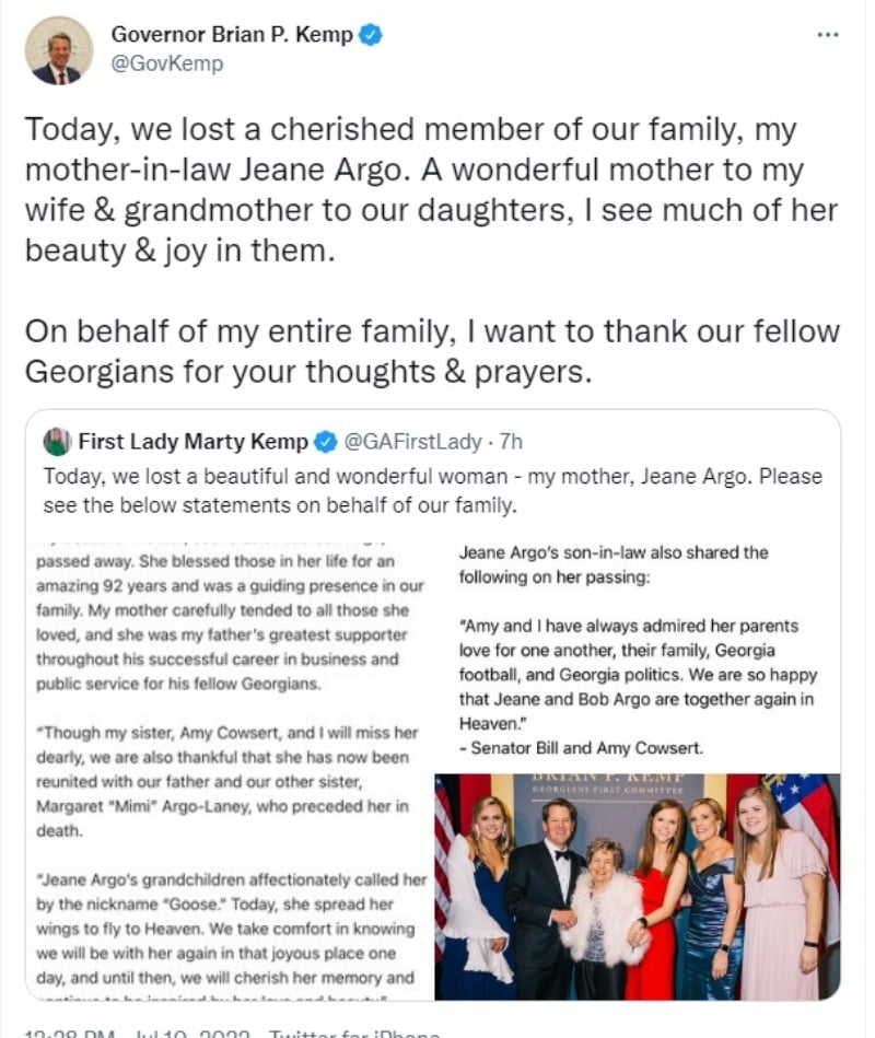 Brian Kemp de luto: Despide a su suegra
