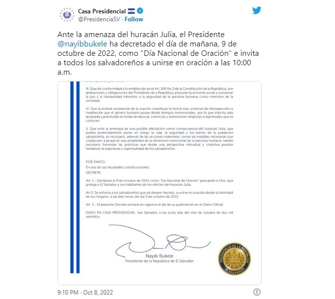 Nayib Bukele Día Nacional Oración Huracán Julia