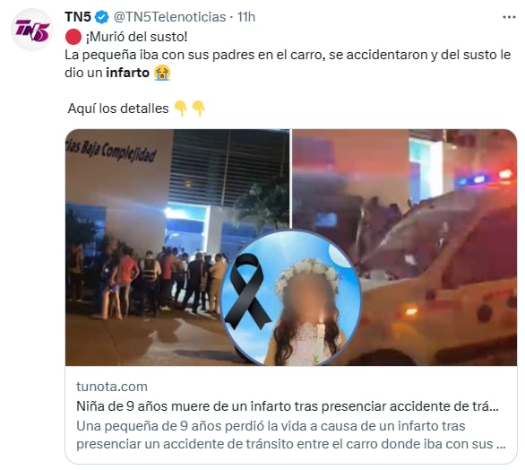 Niña muere infarto choque