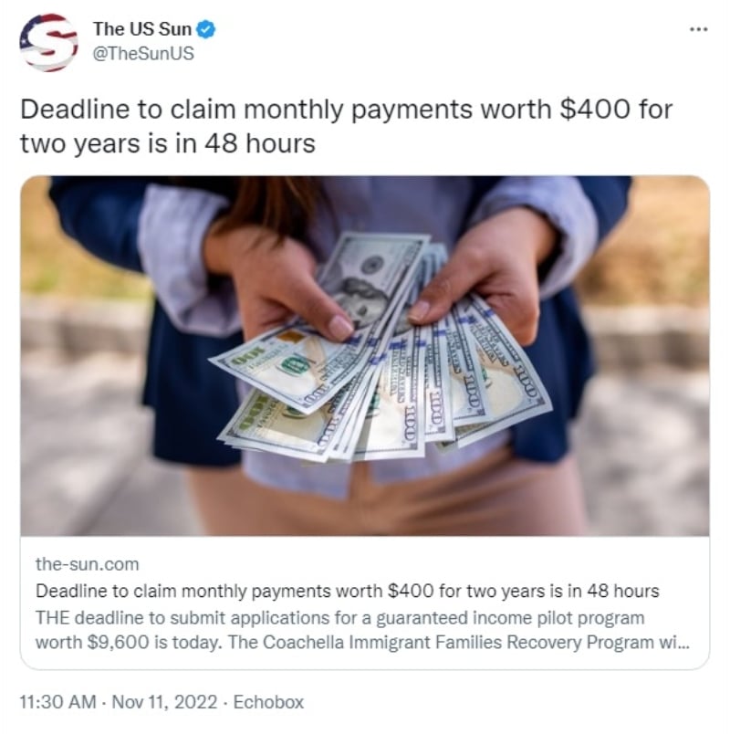 Cheques mensuales de hasta $ 400 dólares
