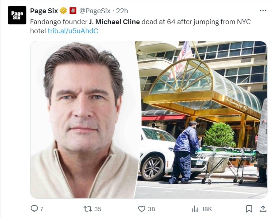 J Michael Cline, empresario, fundador de Fandango, nota de suicidio, MundoNOW