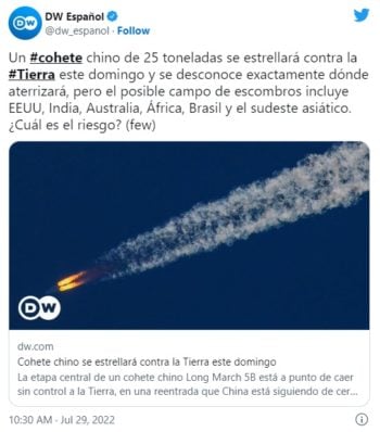 Restos de un cohete se estrellarán contra la Tierra este fin de semana