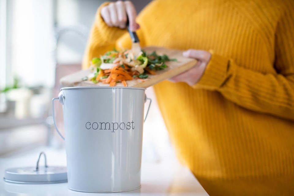 Mujer, compostaje, Verdura, Sobras, Cocina