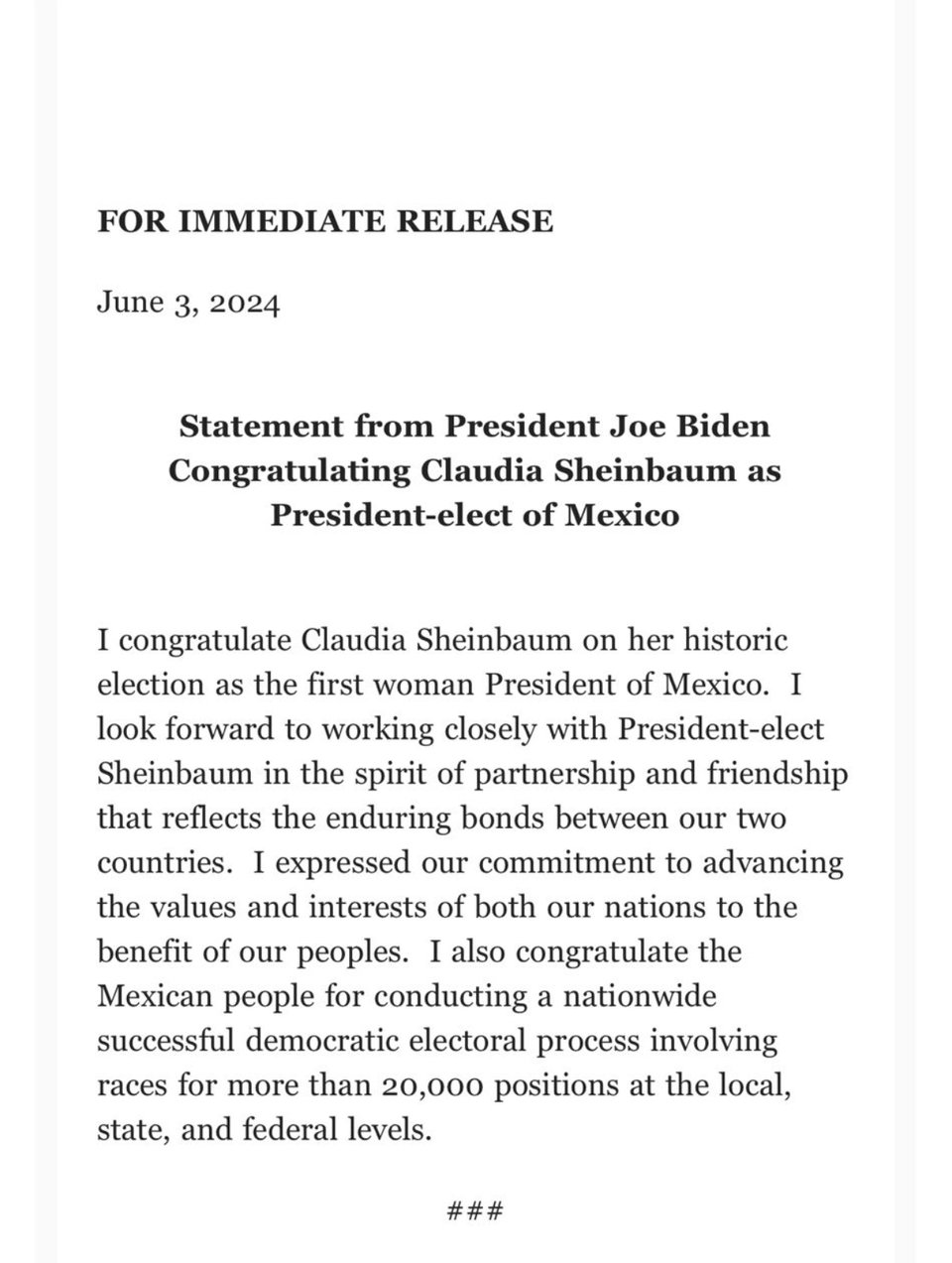 Biden congratulates Sheinbaum, Joe Biden, Claudia Sheinbaum, president of Mexico, MundoNOW