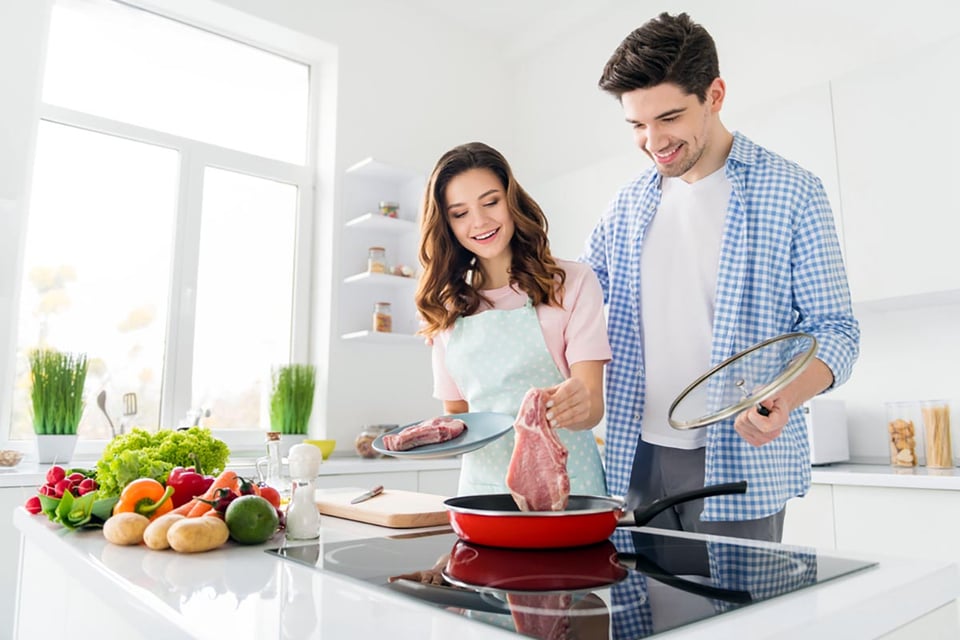 cooking, steak, couple, kitchen, food