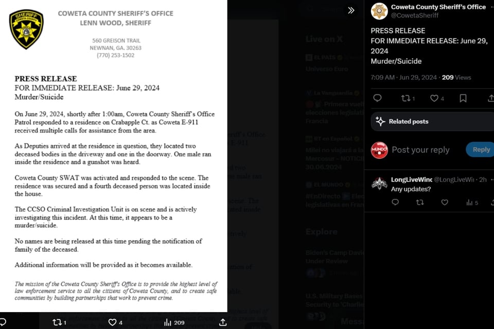 Coweta County Sheriff's Office, muerte, asesinatos, Atlanta, MundoNOW