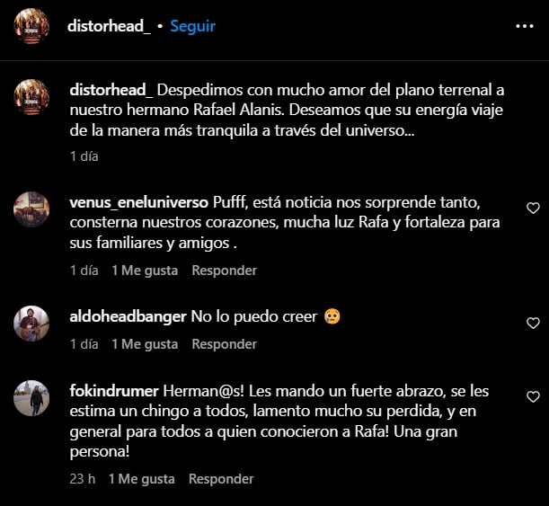 Fanáticos despiden con cariño a Rafa Alanís en los comentarios