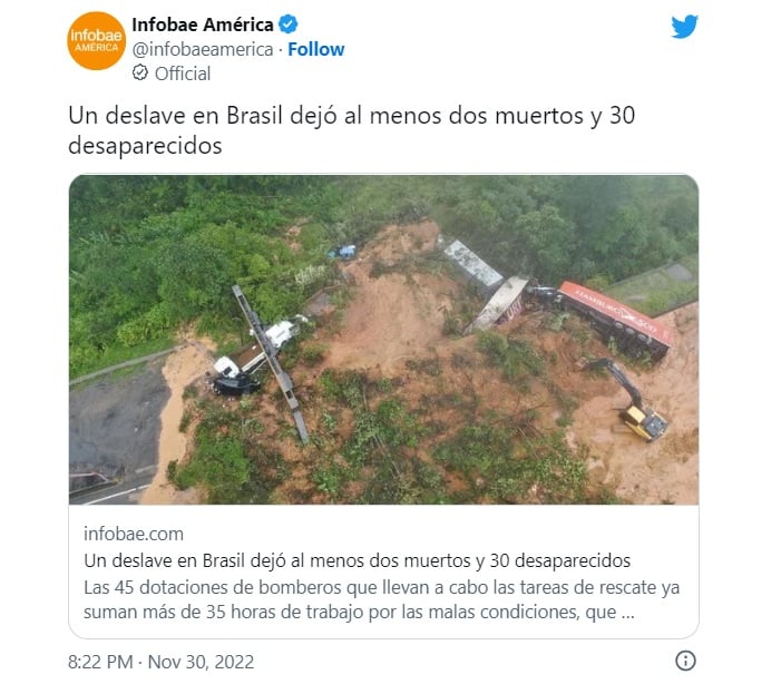 Deslave en Brasil deja al menos 2 muertos y 30 personas desaparecidas