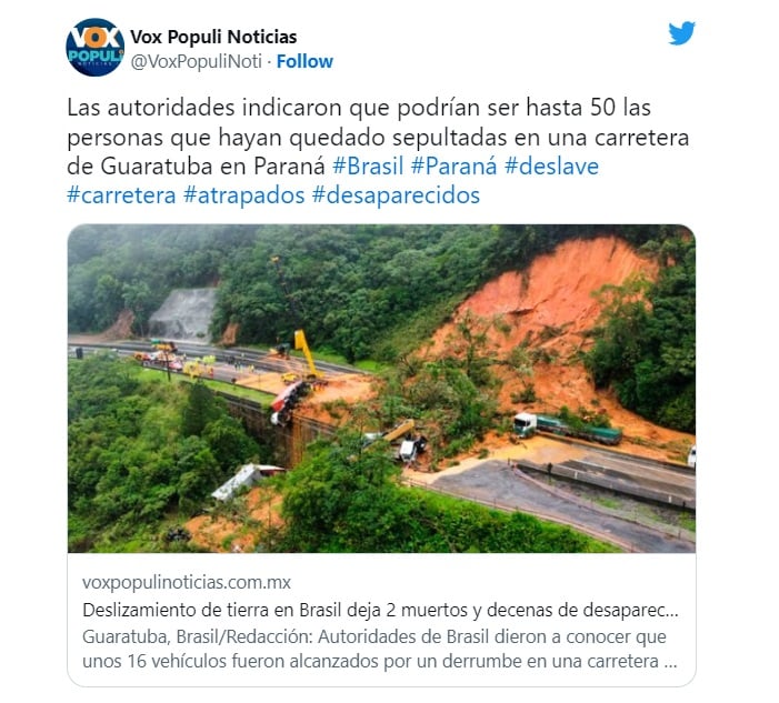 Deslave en Brasil deja al menos 2 muertos y 30 personas desaparecidas