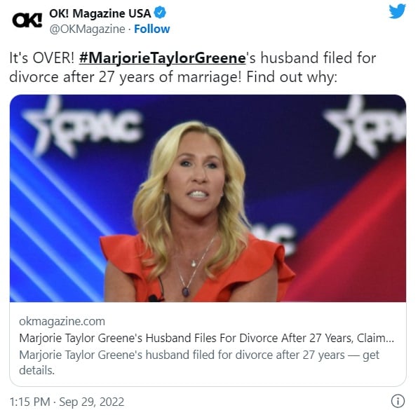 Esposo republicana Marjorie Taylor Greene divorcio