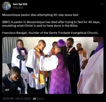 Pastor de Mozambique muere por querer imitar a la Biblia