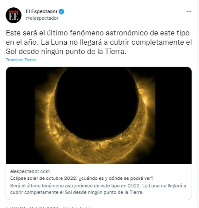 Eclipse solar se verá el 25 de octubre